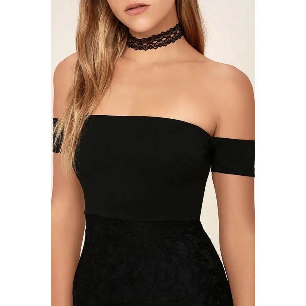 Lulus Black Lace Off The Shoulder Bodycon Dress Sheer Hem Cocktail Mini Dress - Picture 5 of 13